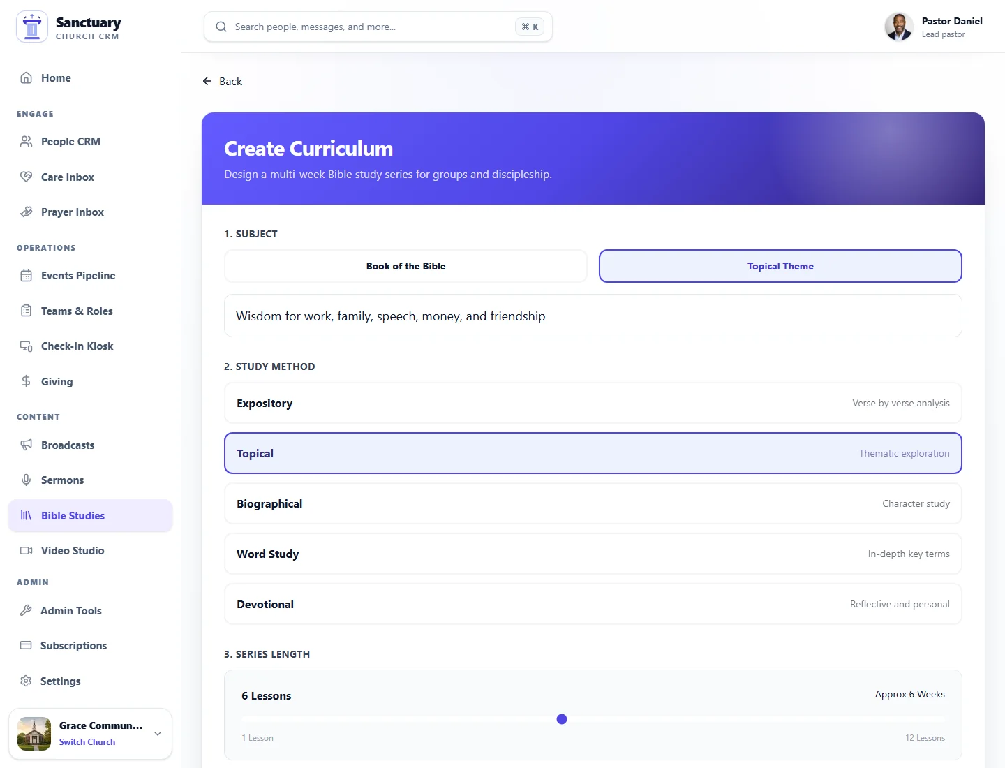 Sanctuary Clergy curriculum builder screen