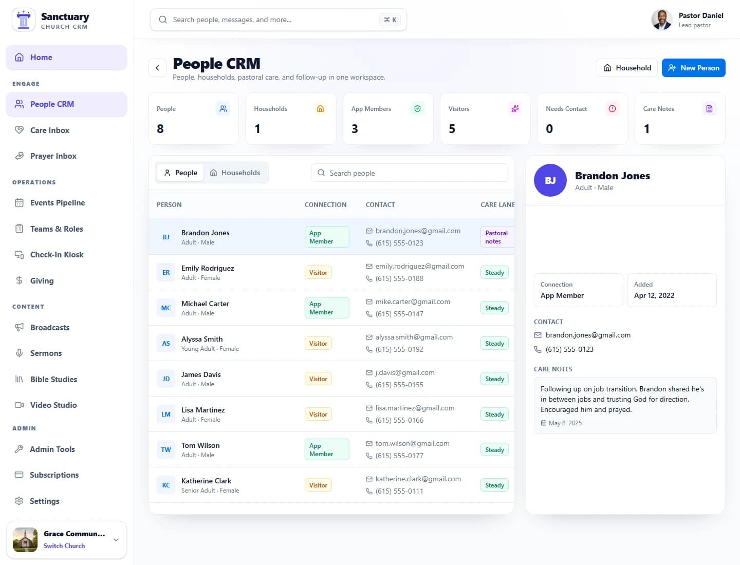 Sanctuary Clergy people CRM screen