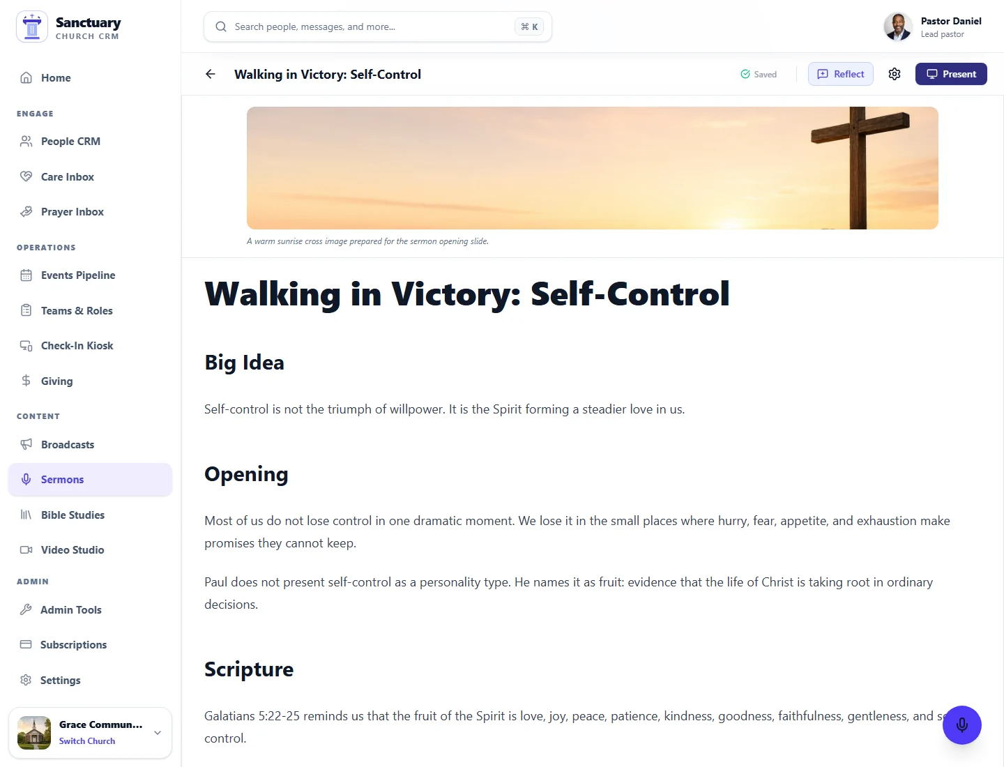 Sanctuary Clergy sermon authoring screen